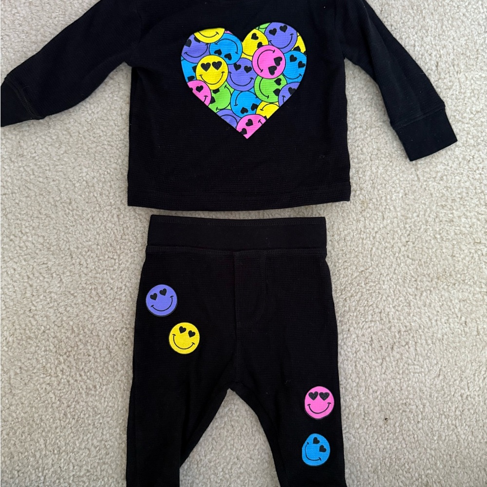 Little Mish Girls 6 Mo Black Top and Pant Set with Colorful Heart Design EUC
